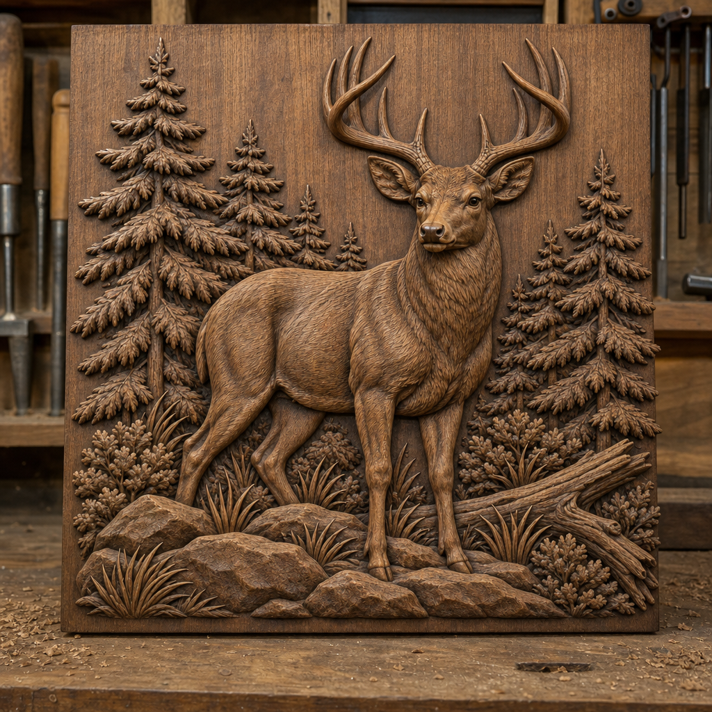 Detailed CNC wood relief of an antlered buck among pine trees, rocks, grasses, shrubs, and a fallen log on a workshop bench.