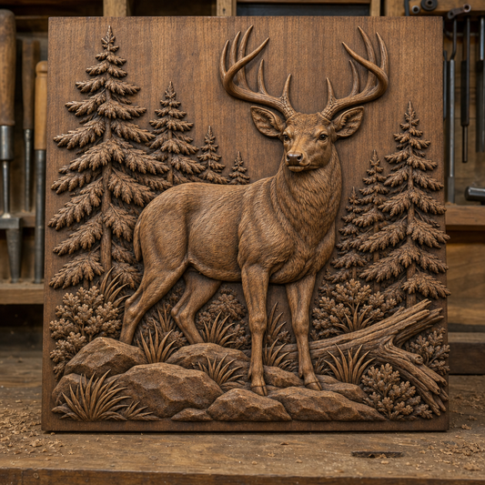 Detailed CNC wood relief of an antlered buck among pine trees, rocks, grasses, shrubs, and a fallen log on a workshop bench.