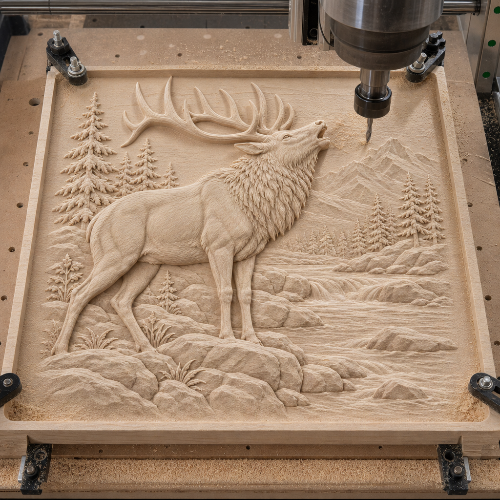 CNC machine cutting a detailed elk relief with antlers, river, rocks, trees, and mountains in light wood.