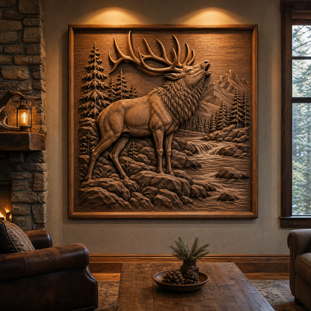 CNC wood carving of a bugling elk beside a river, framed on a cabin wall with mountain scenery.