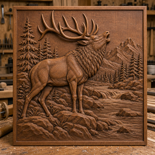 Framed CNC wood relief of a bugling elk with antlers, river, rocks, evergreens, and mountains.