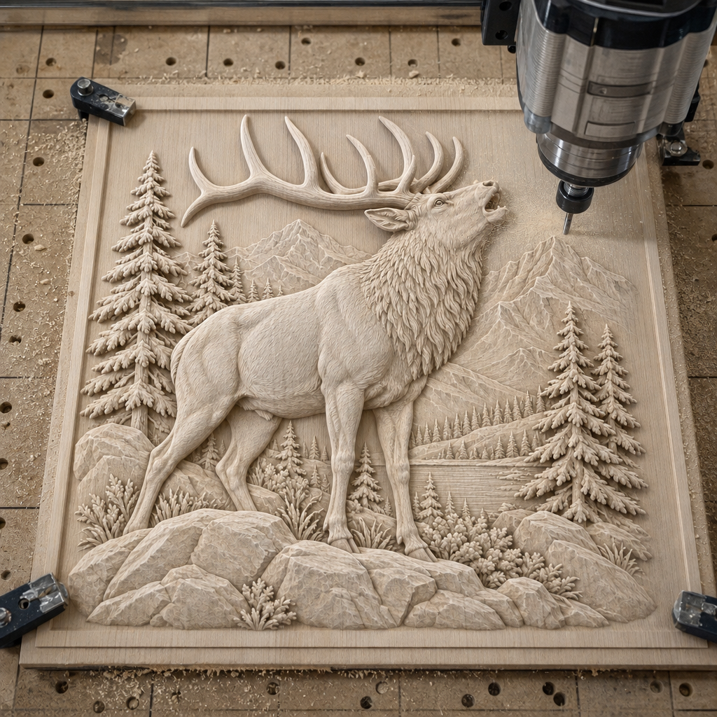 CNC cutting a light wood relief of a bugling elk with antlers, evergreen trees, mountains, rocks, and water.