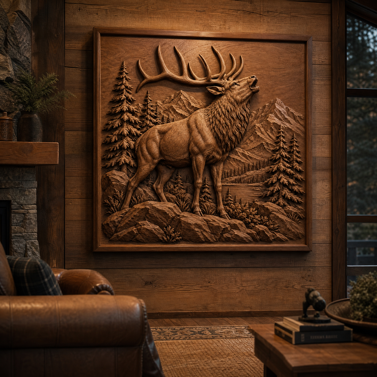 Framed CNC wood relief of a bugling elk amid evergreen trees, rocky foreground, mountains, and water on a wood-paneled wall.