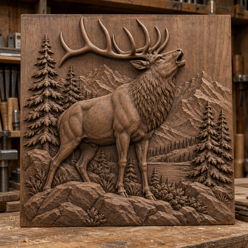 Wood CNC relief of a bugling elk on foreground rocks, with evergreen trees, mountain peaks, and water.