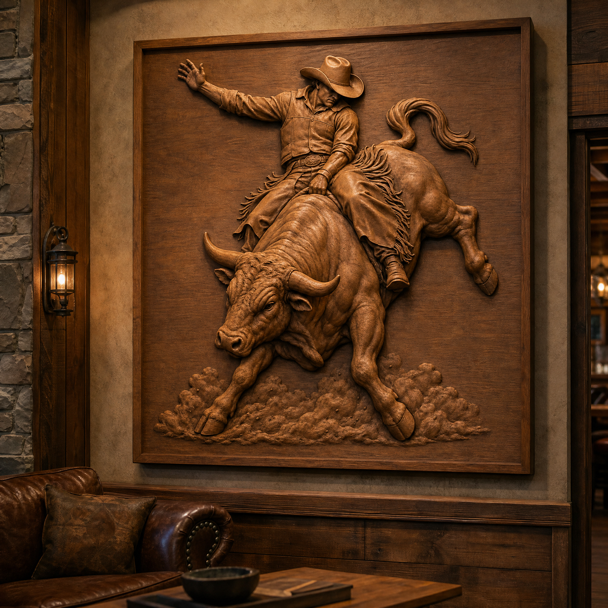 Framed CNC wood relief of a cowboy riding a charging bull, displayed on a rustic wall above a leather sofa.