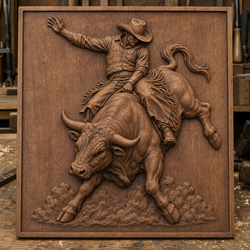 Detailed CNC wood relief of a hat-wearing bull rider gripping a charging bull, with raised arm, dust, horns, tack, and fringe.