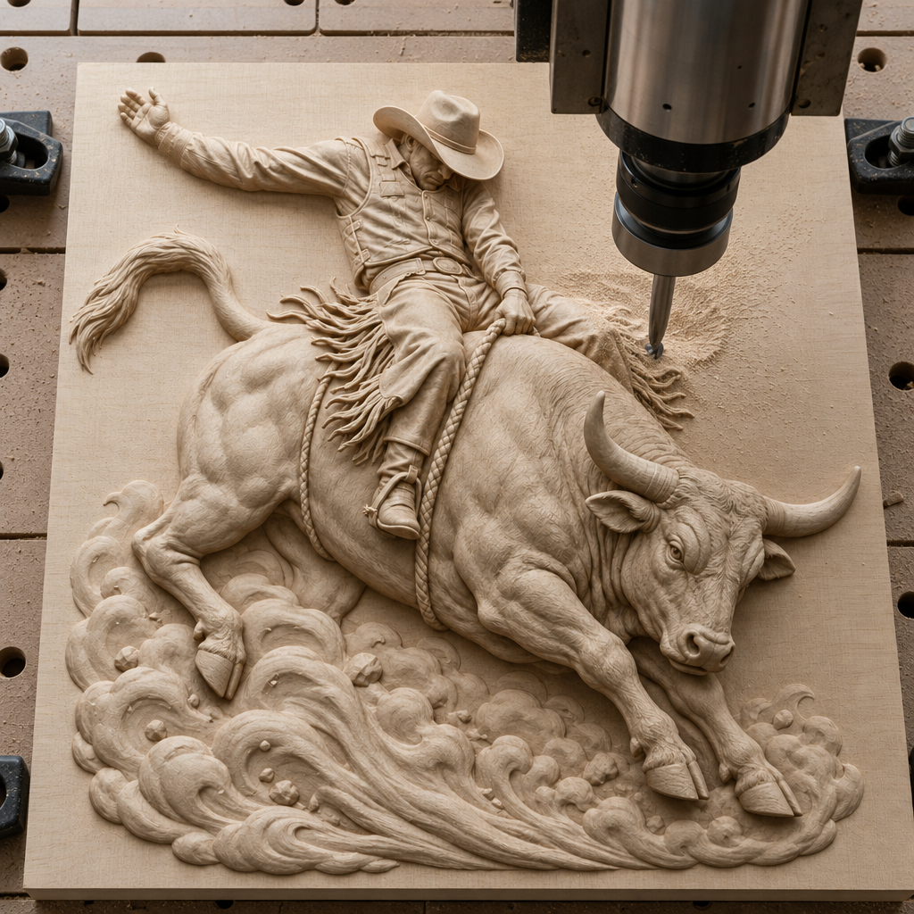 CNC machine cutting a detailed cowboy bull rider and horned bull relief into a pale wood panel.