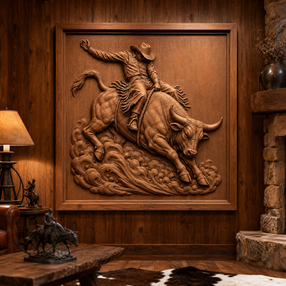 Framed wood relief of a cowboy bull rider and horned bull displayed on a rustic wood-paneled wall.