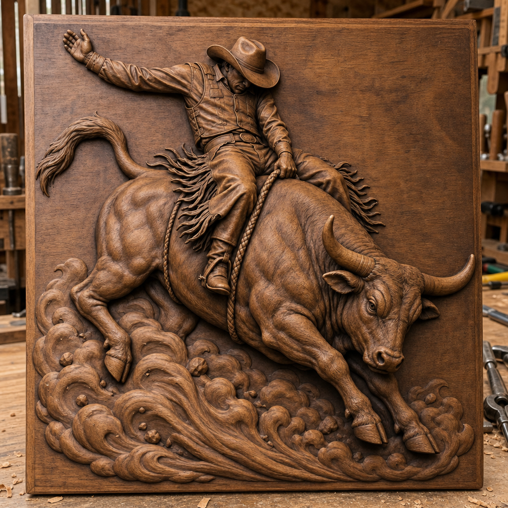 Detailed CNC wood relief of a cowboy bull rider gripping a rope atop a horned bull, carved in warm-toned wood.