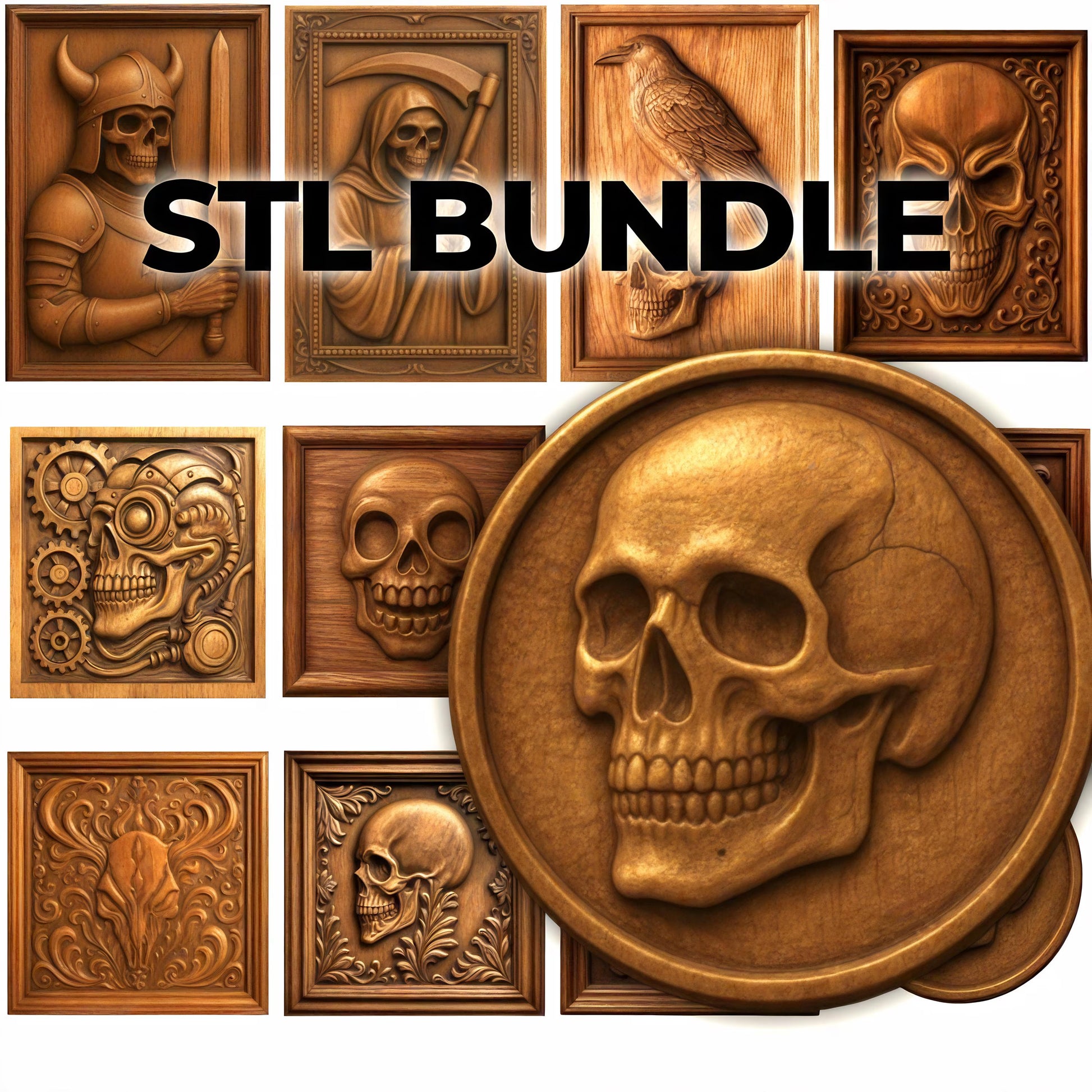 A collage of carved wooden plaques featuring skulls, a knight, a bird, a woman, gears, and ornate designs—perfect for woodworking projects or CNC relief carving—displays the bold black “Skull Relief 11-Pack CNC Relief STL Bundle | Gothic CNC Wall Art” text from Form Arcade across the center.