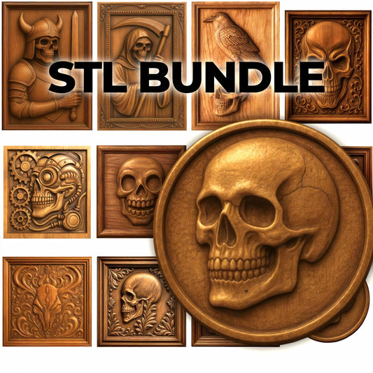 A collage of carved wooden plaques featuring skulls, a knight, a bird, a woman, gears, and ornate designs—perfect for woodworking projects or CNC relief carving—displays the bold black “Skull Relief 11-Pack CNC Relief STL Bundle | Gothic CNC Wall Art” text from Form Arcade across the center.