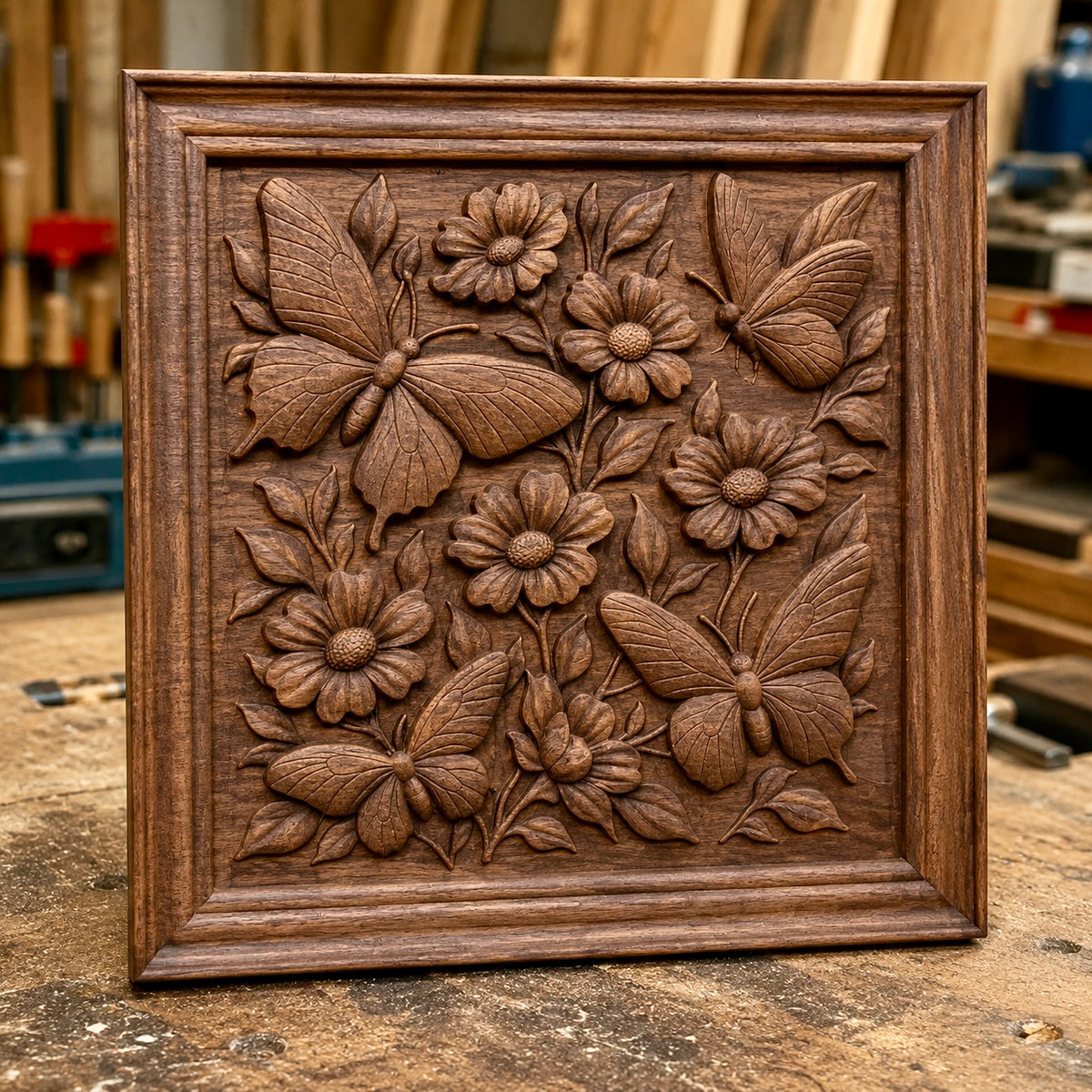 The Butterflies and Flowers CNC Relief STL File by Form Arcade showcases an intricate floral and butterfly design, perfect for adding detailed wings and petals to your woodworking projects. This Floral CNC Wall Art file is ideal for creating a stunning square wooden plaque in your workshop.