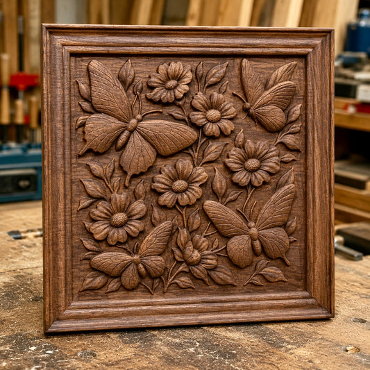 The Butterflies and Flowers CNC Relief STL File by Form Arcade showcases an intricate floral and butterfly design, perfect for adding detailed wings and petals to your woodworking projects. This Floral CNC Wall Art file is ideal for creating a stunning square wooden plaque in your workshop.