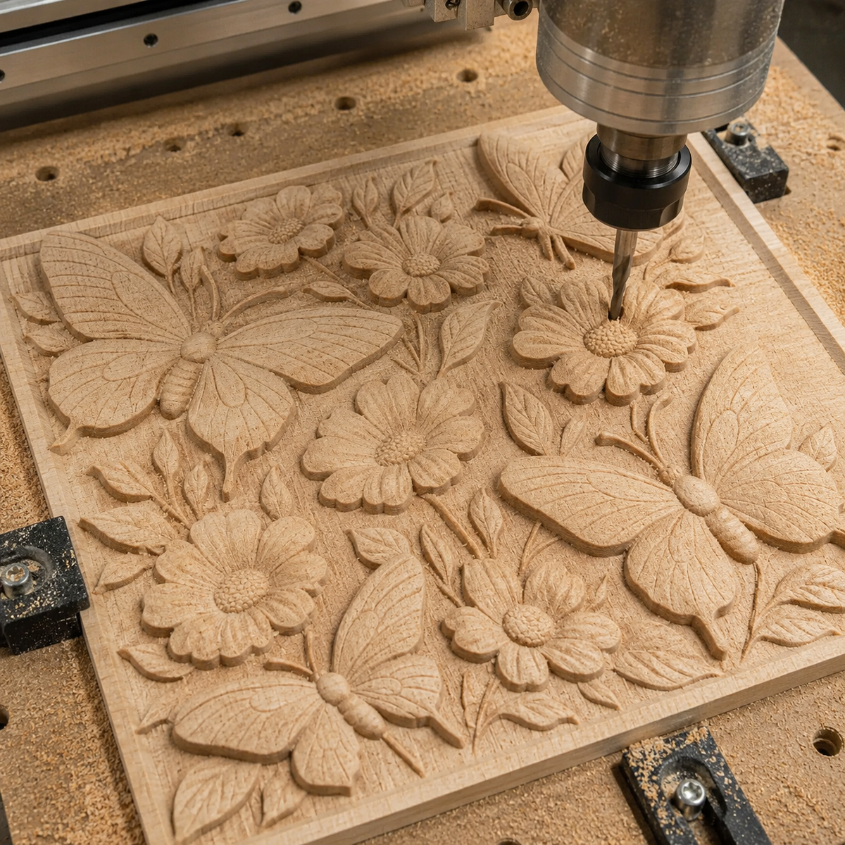 A CNC machine carves a detailed floral and butterfly pattern into a wooden panel, surrounded by wood shavings. The Butterflies and Flowers CNC Relief STL File | Floral CNC Wall Art from Form Arcade features multiple flowers and butterflies in a symmetrical arrangement, making it ideal for unique woodworking projects.