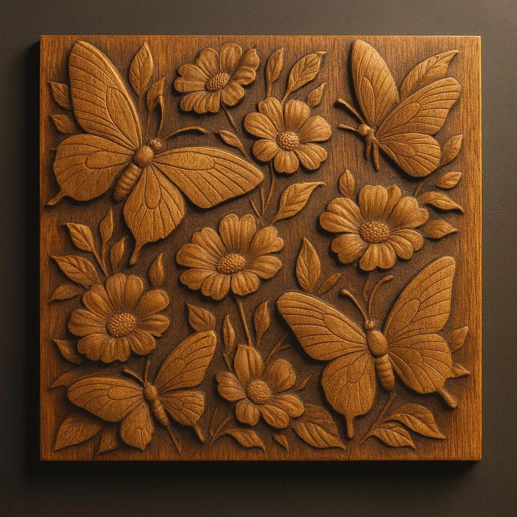 The Butterflies and Flowers CNC Relief STL File by Form Arcade is a floral CNC wall art design featuring intricately carved butterflies and flowers, with detailed wings and petals showcased in a rich brown finish against a dark background—an exquisite example of relief carving for woodworking projects.