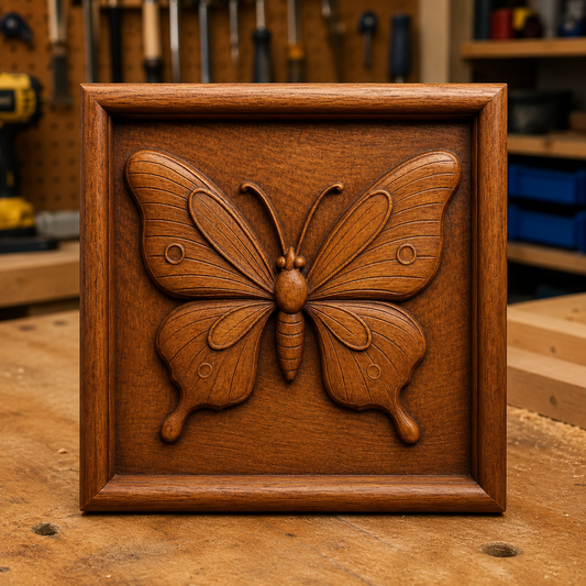 A framed Butterfly CNC Wall Art, crafted from the Butterfly CNC Relief STL File by Form Arcade, is displayed on a workbench in a woodshop, with woodworking tools and equipment softly blurred in the background.