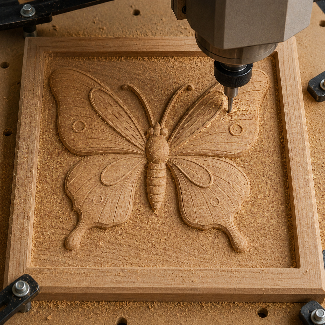 A CNC carving machine intricately sculpts a butterfly design onto a square wooden panel, wood shavings scattered around—a stunning woodworking project idea that's perfect for anyone using the Butterfly CNC Relief STL File | Butterfly CNC Wall Art by Form Arcade.