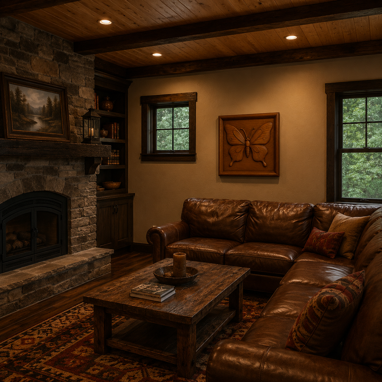 Cozy living room with brown leather couches, a rustic wooden coffee table, stone fireplace, bookshelves, and butterfly wall art inspired by the Form Arcade Butterfly CNC Relief STL File | Butterfly CNC Wall Art, warmly lit by ceiling lights. Windows reveal green trees outside.
