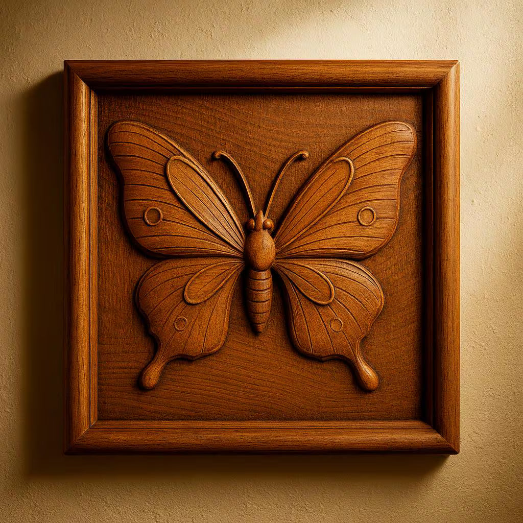 The Butterfly CNC Relief STL File by Form Arcade showcases a beautifully detailed, symmetrical butterfly design for CNC wall art, presented here mounted in a wooden frame against a softly lit beige wall.