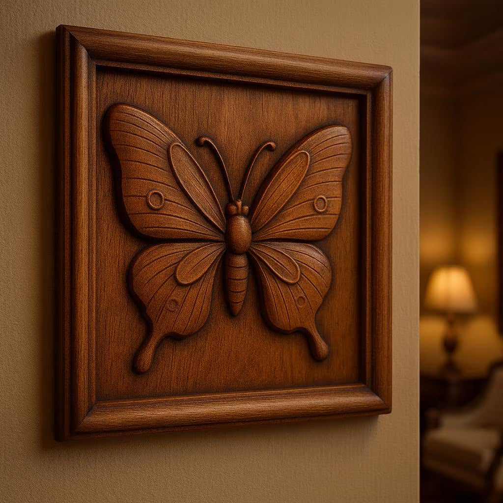 The "Butterfly CNC Relief STL File | Butterfly CNC Wall Art" by Form Arcade showcases a beautifully crafted butterfly, intricately created through CNC relief carving within a square frame. The piece is displayed against a beige wall in a softly lit room with a lamp softly glowing in the blurred background.