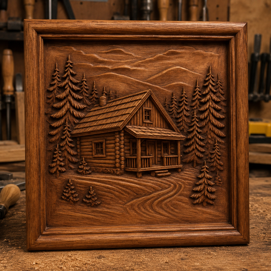 The Log Cabin Forest Relief STL File by Form Arcade features a detailed cabin landscape with pine trees and mountains—perfect CNC wall art to showcase impressive relief carving craftsmanship.