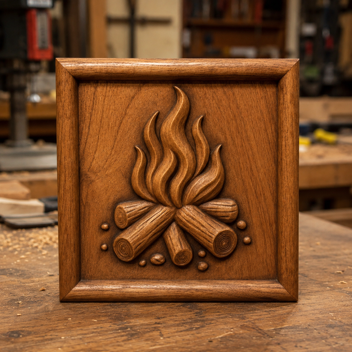 The Campfire Flames Relief STL File by Form Arcade features a campfire design with logs and flames, perfect for CNC wall art or woodworking projects, and is shown displayed on a workbench in a woodworking shop.