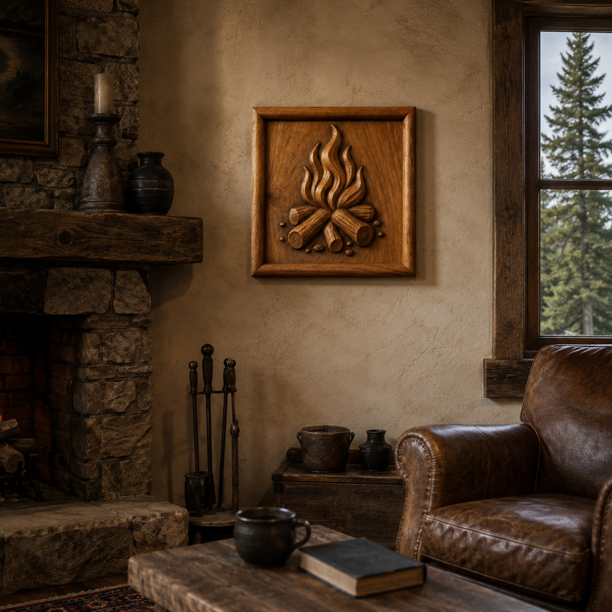 A rustic living room features a leather chair, wooden table with a book and mug, stone fireplace, and a wooden wall art piece crafted using the "Campfire Flames Relief STL File | Camping CNC Wall Art" by Form Arcade, showcasing a campfire scene. A window reveals evergreen trees outside.