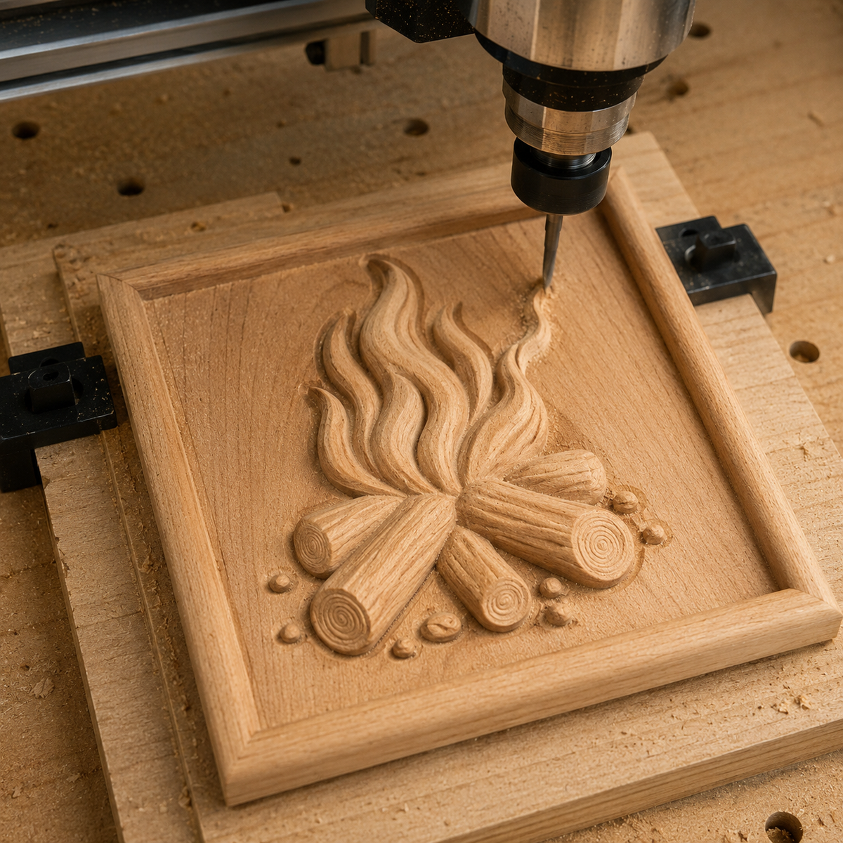 A CNC machine intricately carves a campfire motif—with flames and logs—into a square wooden plaque, demonstrating detailed CNC relief carving using the "Campfire Flames Relief STL File | Camping CNC Wall Art" by Form Arcade—an inspiring woodworking idea for makers.