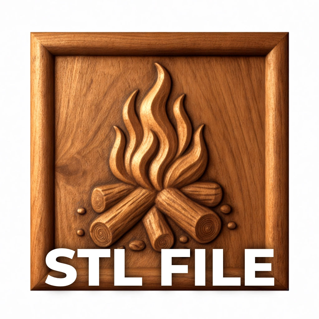 The Campfire Flames Relief STL File | Camping CNC Wall Art by Form Arcade features a wooden relief carving of campfire logs and flames, framed in a square border. "Campfire Flames Relief STL" is boldly displayed at the bottom. Ideal for CNC carving or 3D printing.