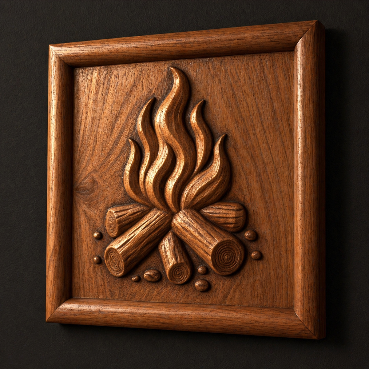 The Campfire Flames Relief STL File by Form Arcade features a square wooden plaque with carved flames, logs, and stones—perfect for CNC wall art or 3D printing camping-themed projects.