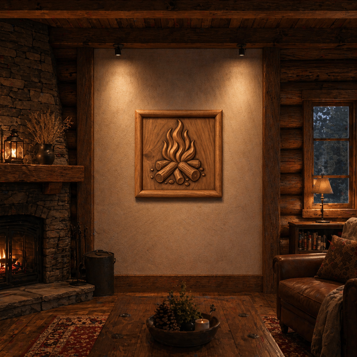 A cozy log cabin living room features a stone fireplace, warm lighting, leather armchair, wooden coffee table, and above the mantel hangs Form Arcade's Campfire Flames Relief STL File | Camping CNC Wall Art. A window reveals trees at dusk.
