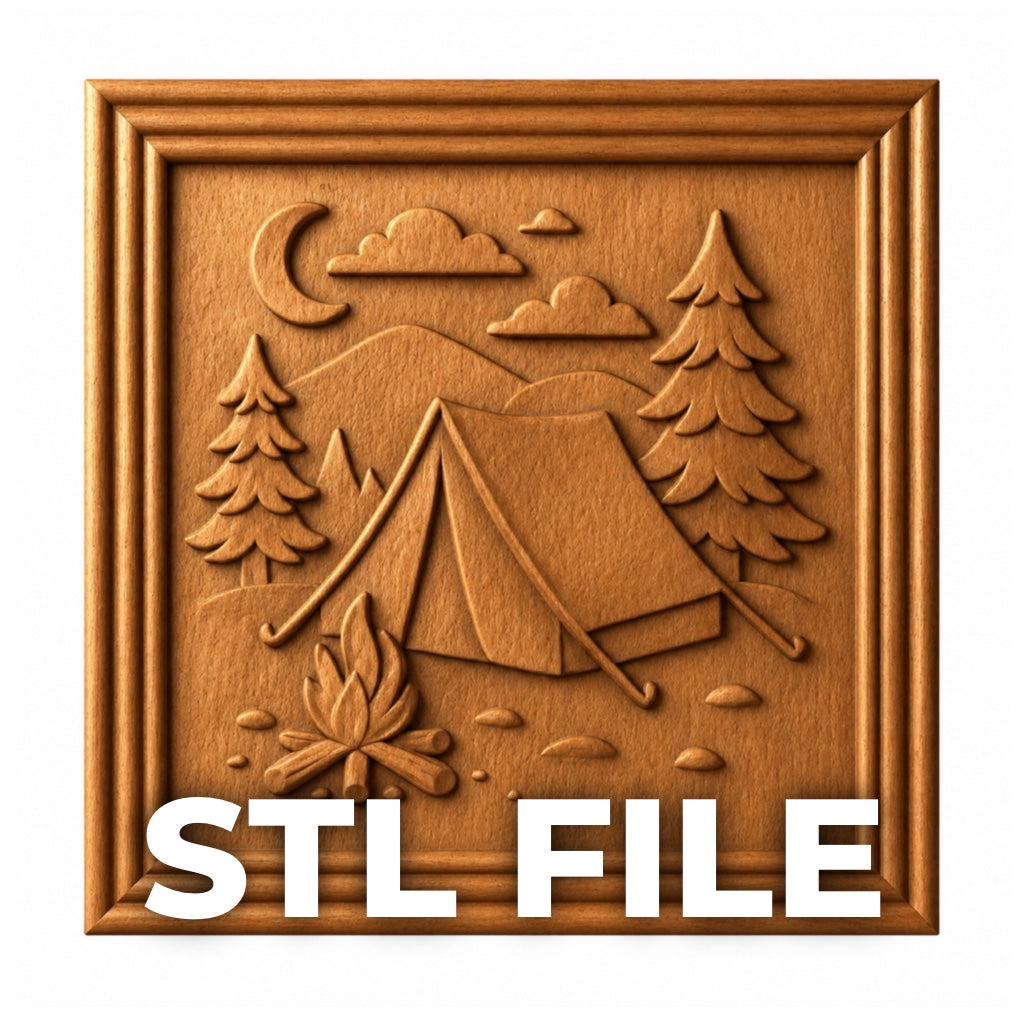 The Camping Night Relief STL File by Form Arcade showcases a tent, campfire, trees, clouds, and crescent moon in a frame. "STL FILE" is displayed at the bottom, making it ideal CNC wall art for camping lovers.