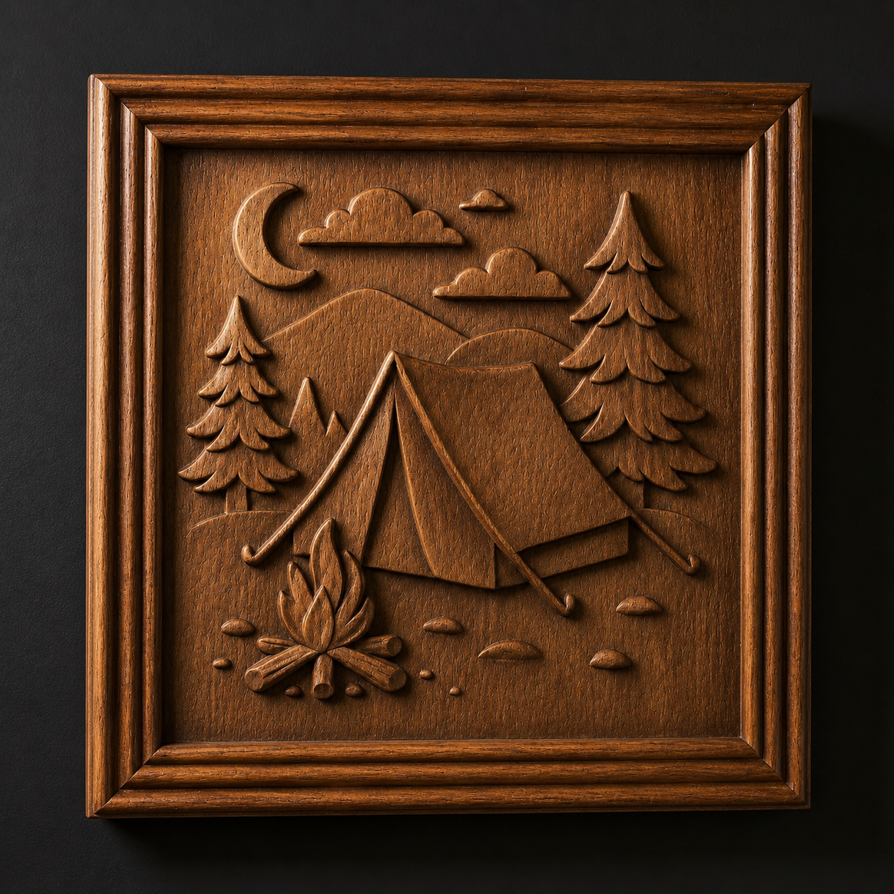 The "Camping Night Relief STL File | CNC Wall Art" by Form Arcade features a wooden-framed decorative piece with a bas relief of a tent, campfire, pine trees, mountains, clouds, and crescent moon for a tranquil camping vibe.