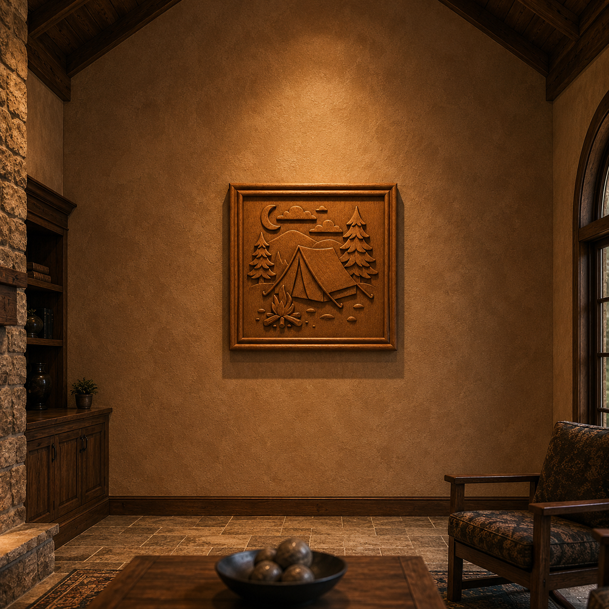 A cozy living room with rustic decor features Form Arcade's "Camping Night Relief" wall art, a large wooden CNC piece depicting a tent, pine trees, moon, and clouds. Comfy seating surrounds a coffee table with books and a bowl.