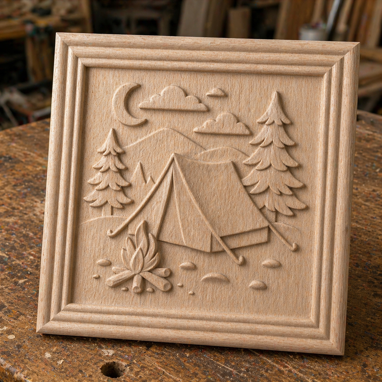 Form Arcade’s “Camping Night Relief STL File | CNC Wall Art” features a camping scene—tent, campfire, pine trees, mountains, clouds, and a crescent moon—ideal for decorative wooden plaques or rustic wall décor.