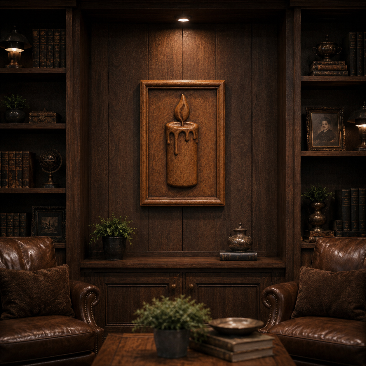 A cozy library with dark wood walls, leather armchairs, and bookshelves features the Candle Flame Relief STL File | Candle Decor CNC Wall Art by Form Arcade in a frame above a wooden cabinet, illuminated under a spotlight.