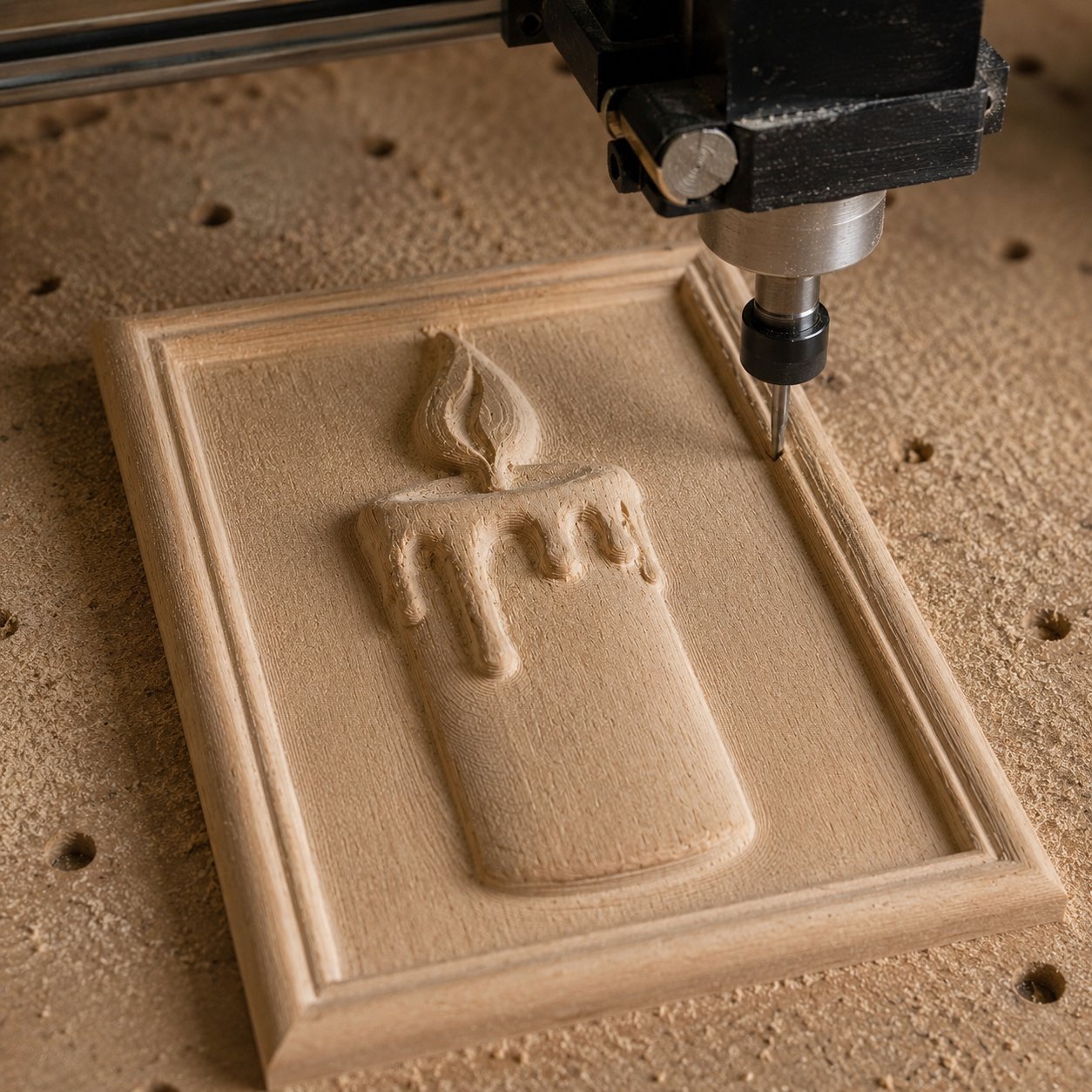 A CNC machine uses the Candle Flame Relief STL File by Form Arcade to carve a raised candle with flame and dripping wax into wood, creating decorative wall art surrounded by sawdust.