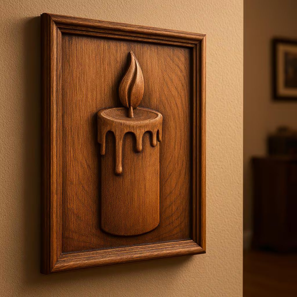 candle flame cnc carved wall art displayed in home interior, wooden candle relief panel mounted as decor, stl file designed for cnc carving and 3d printing, candle decor wall art for home styling, decorative carving design for realistic wood wall display pieces