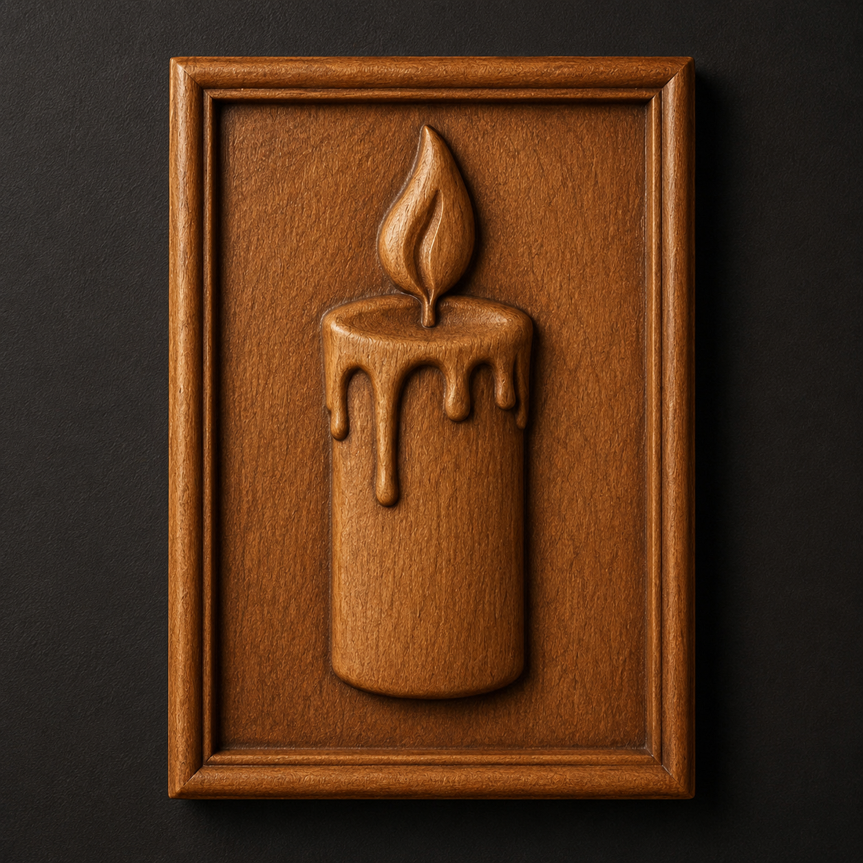 The "Candle Flame Relief STL File | Candle Decor CNC Wall Art" by Form Arcade features a carved candle with melting wax and flame in a wooden frame, perfect for CNC carving or 3D printing wall art.