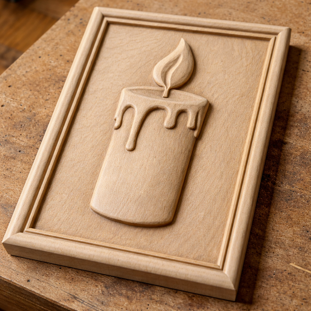 candle flame relief stl file during cnc carving process on wood panel, visible toolpath texture and carved wax drip details, cnc router file for woodworking projects, candle decor stl model for creating physical wall art, carved candle design for engraving and decorative panels