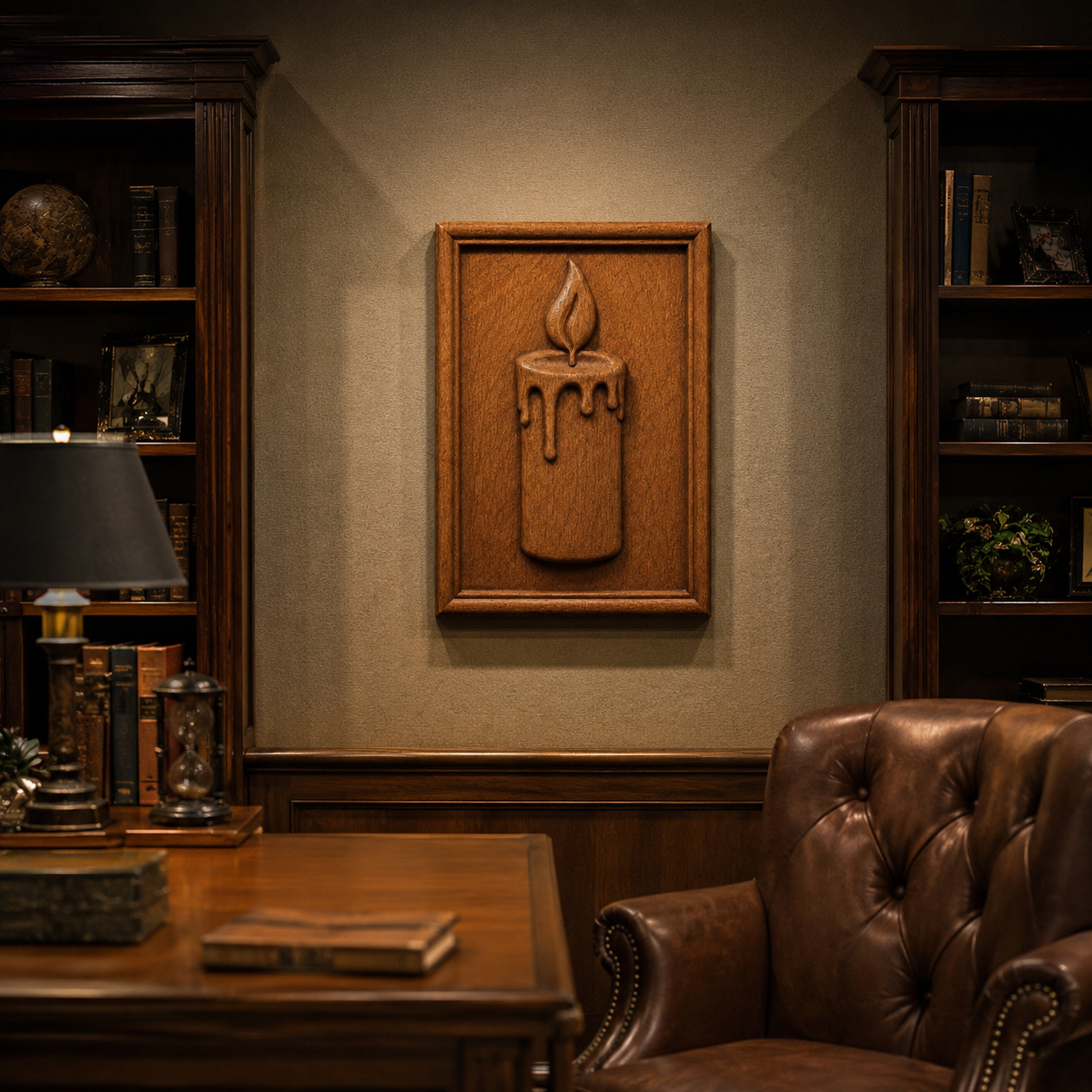 A cozy study with dark wood bookshelves and a leather chair features the Candle Flame Relief STL File | Candle Decor CNC Wall Art by Form Arcade, framed and hanging above a wooden desk.