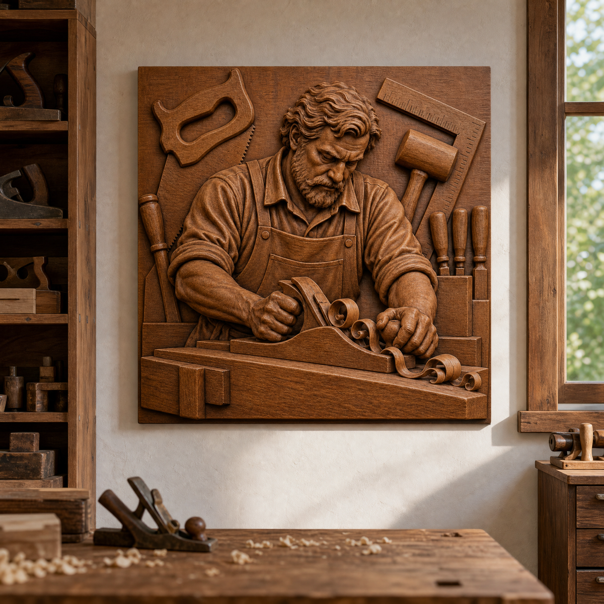 Framed CNC relief of a bearded carpenter using a hand plane, displayed on a workshop wall above a wood-shaving bench.