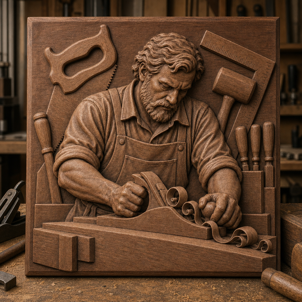 CNC wood relief of a bearded carpenter using a hand plane, with saws, mallet, ruler, and chisels on a framed panel.