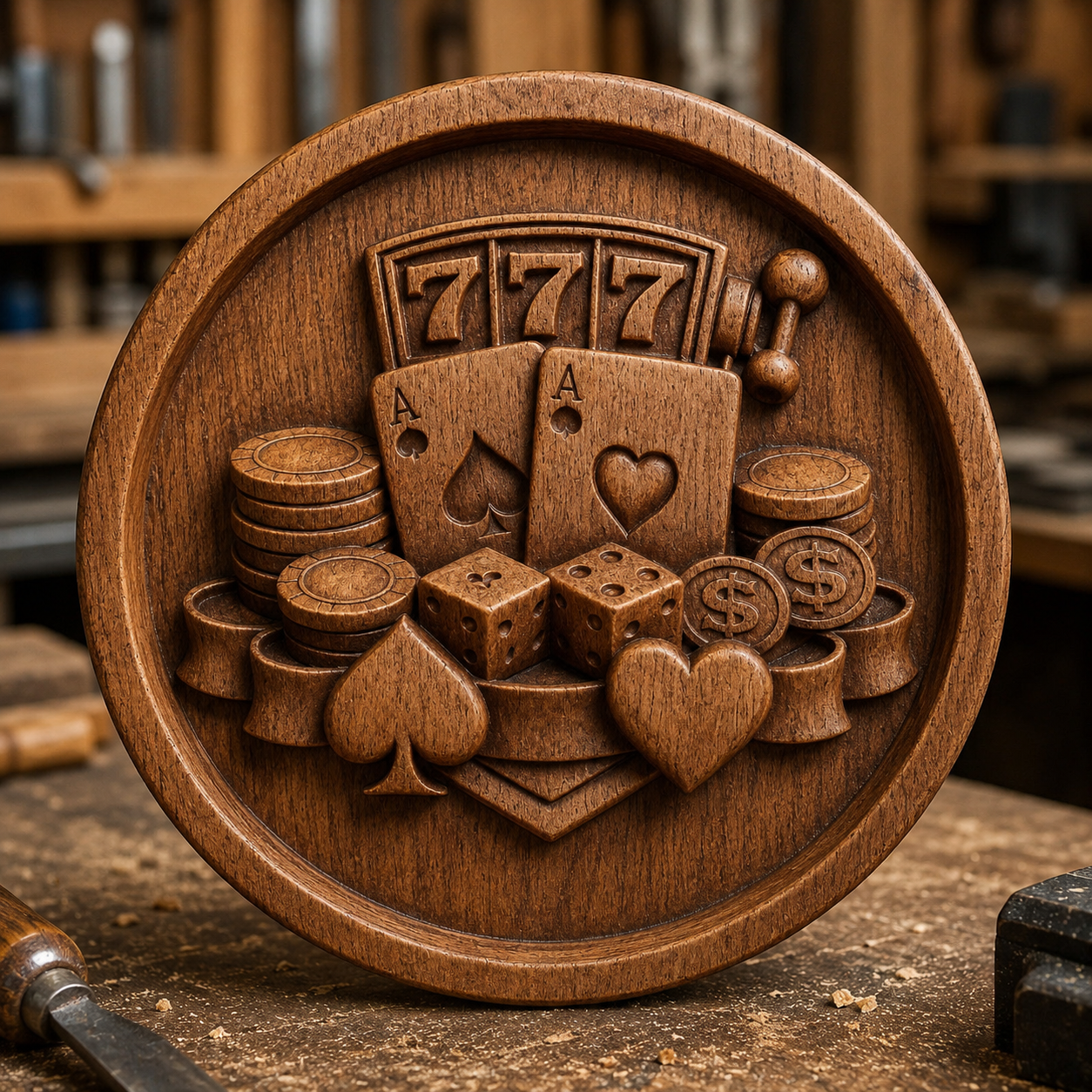 The Casino Slots Coin Relief STL File by Form Arcade is a detailed gambling-themed CNC wall art design—featuring cards, poker chips, dice, and a slot machine lever—perfect for casino fans and relief carving enthusiasts.