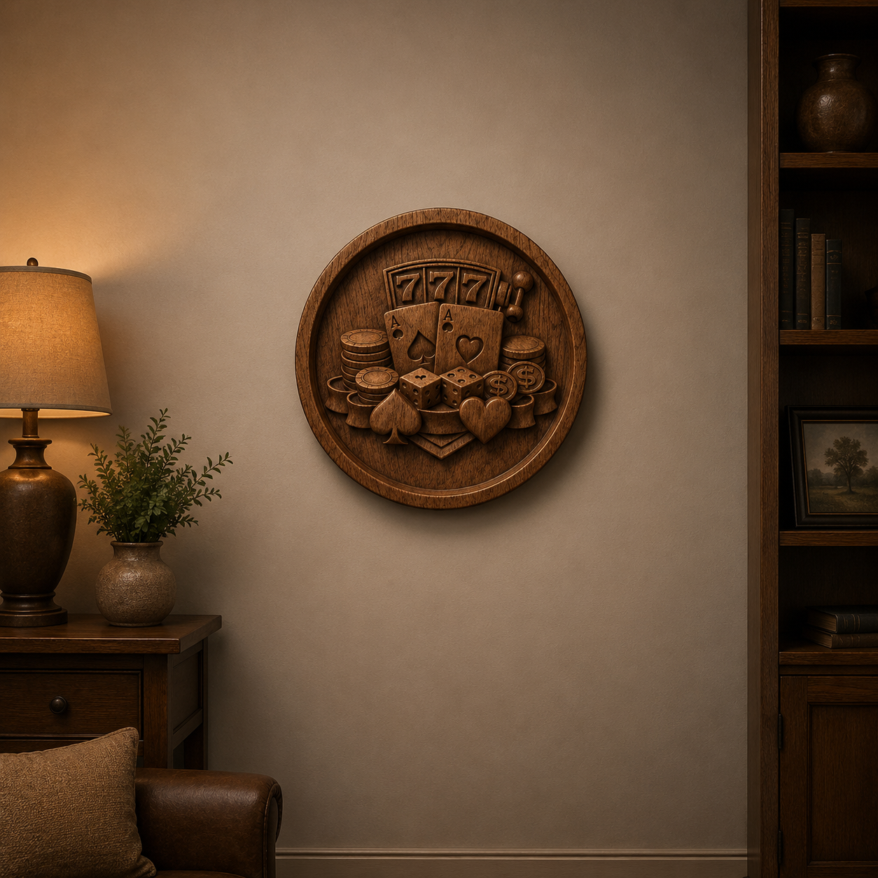 The Form Arcade Casino Slots Coin Relief STL File—a round CNC-carved wall art featuring casino symbols—hangs above a lamp and plant on a beige wall, adding a gambling-inspired touch to the cozy living room.