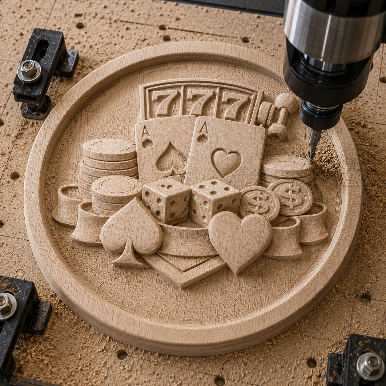 The Casino Slots Coin Relief STL File by Form Arcade is a CNC wall art design featuring casino motifs like playing cards, poker chips, dice, hearts, spades, dollar signs, and a slot machine—perfect for unique gambling décor.