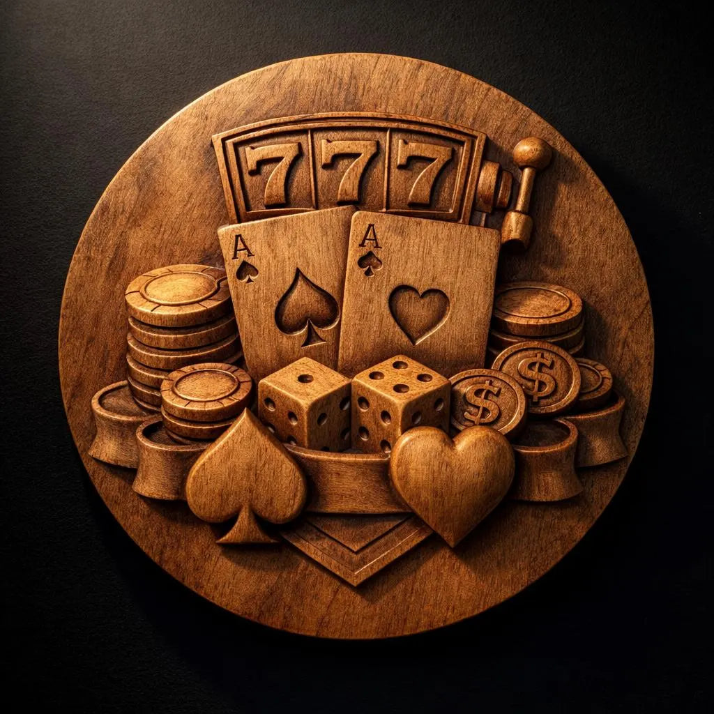 Detailed casino themed relief carving showing slot machine reels, playing cards, poker chips, dice, and coins arranged in a circular composition, smooth depth transitions and sharp carved edges with rich wood tones, ideal for CNC carving projects and decorative gambling themed wall art