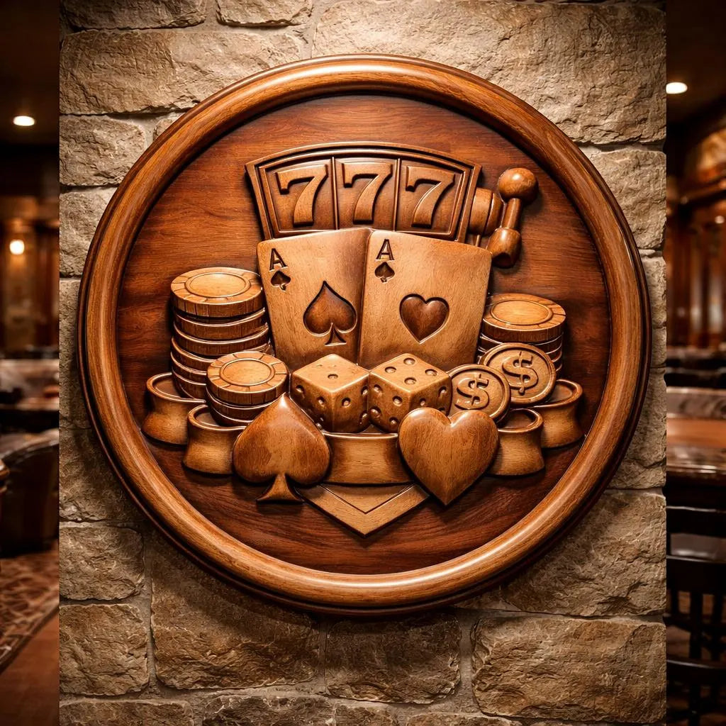 Casino slots coin relief wall art mounted on a textured wall in a bar or game room setting, circular wooden panel displayed with warm ambient lighting and realistic depth, showcasing finished CNC carving perfect for casino decor, man cave design, or themed wall art