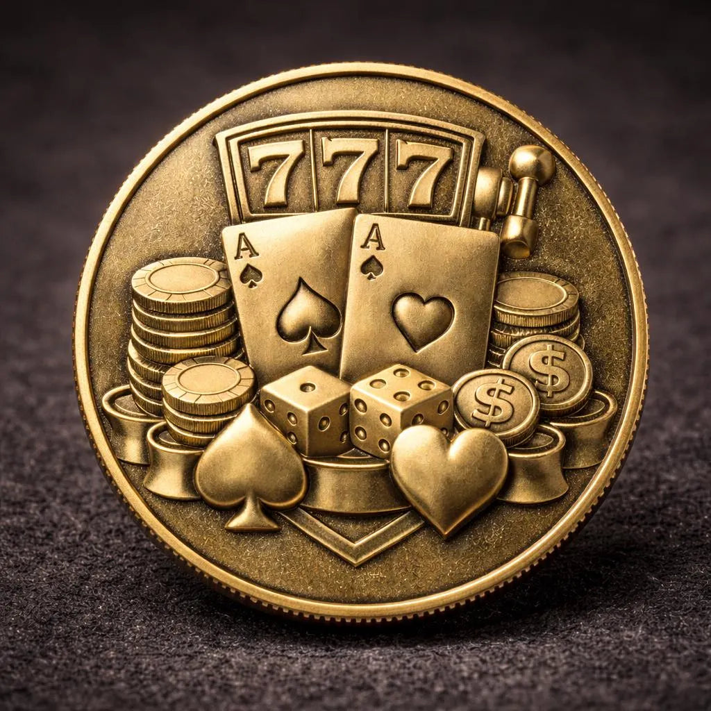 Casino slots relief design shown as a stamped coin model with metallic gold style finish, highlighting sculpted details of cards, dice, coins, and slot reels, smooth surface with clear depth contrast, demonstrating compatibility for resin and FDM 3D printing workflows