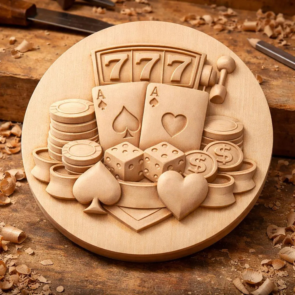 Casino slots coin relief carving on unfinished circular wood panel resting on a workshop surface, visible tool marks and natural wood grain showing raw CNC output, angled perspective emphasizing carved depth and detail, realistic woodworking environment for CNC projects
